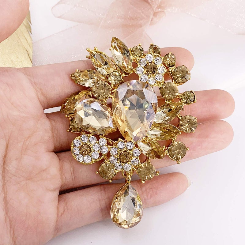 LAXPICOL Vintage Wedding Bridal Big Clear Champagne Crystal Rhinestone Tear drop Brooch Pin for Women - Image 4